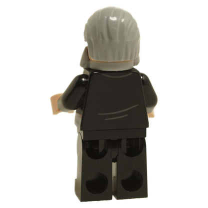 Back view of LEGO® Old Man Marley minifigure idea103 with grey hair and black suit from the Home Alone set