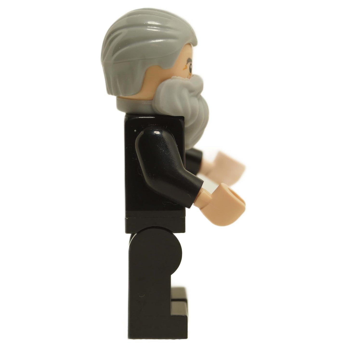 Side view of LEGO® Old Man Marley minifigure idea103 with grey hair, large beard and black suit from the Home Alone set