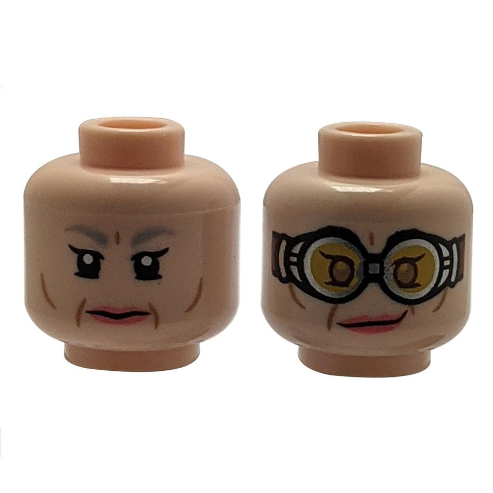 LEGO head 3626cpb2874: neutral and smiling faces with yellow goggles.