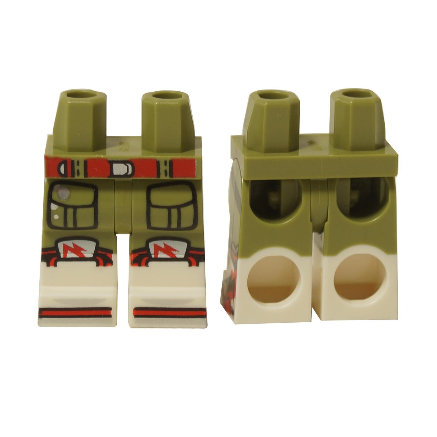Olive green dual molded minifigure legs with red belt and white boots