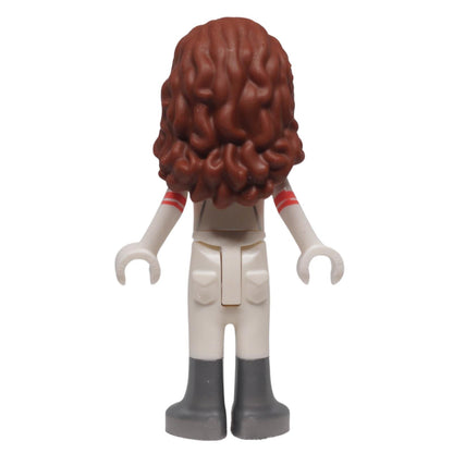 LEGO® Friends Olivia mini-doll frnd0518 rear view showing long dark brown wavy hair, white outfit and dark grey boots