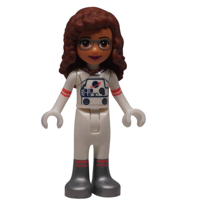 LEGO® Friends Olivia mini-doll frnd0518 front view with white spacesuit, grey glasses, dark brown wavy hair and dark grey boots
