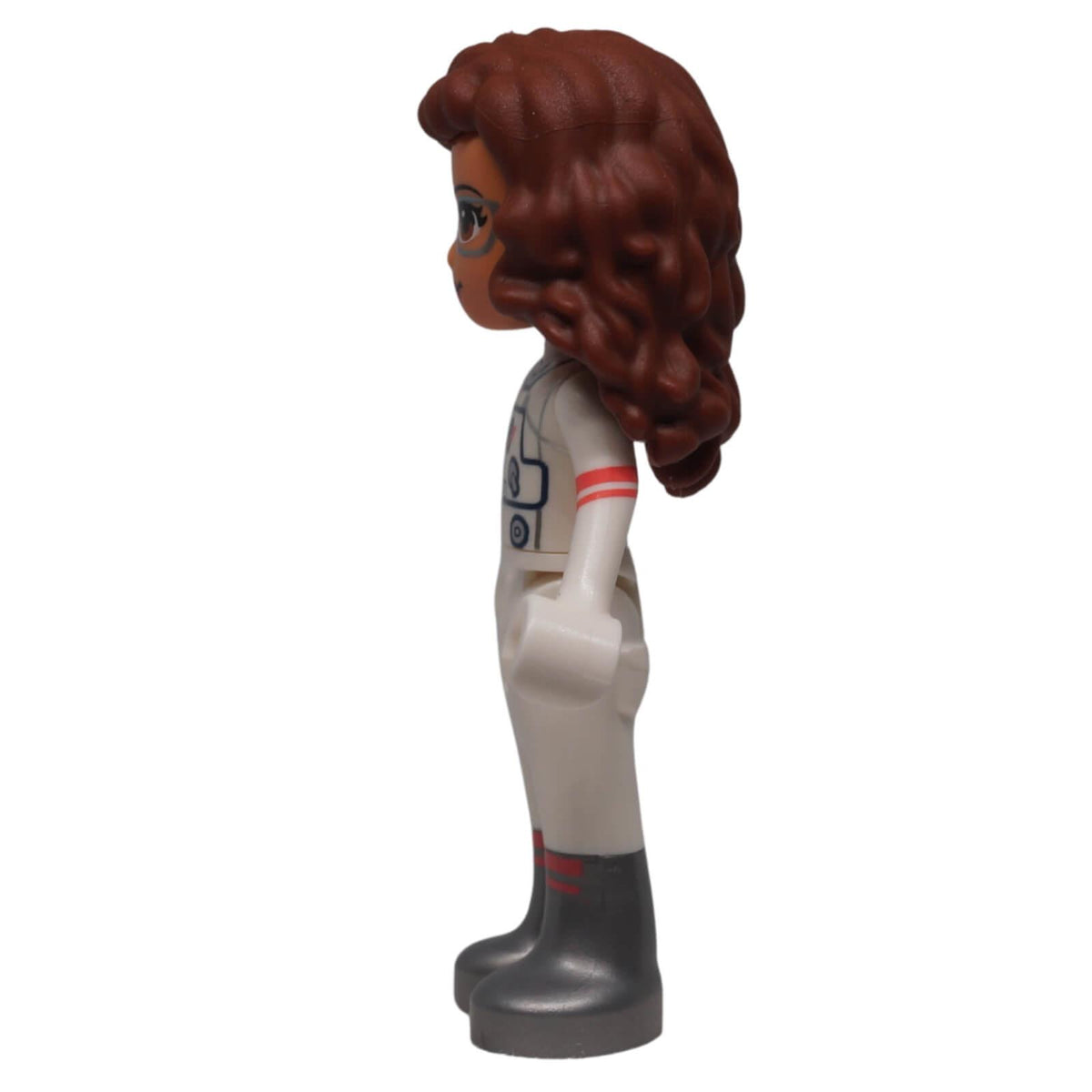LEGO® Friends Olivia mini-doll frnd0518 side view showing long wavy dark brown hair, white spacesuit and dark grey boots