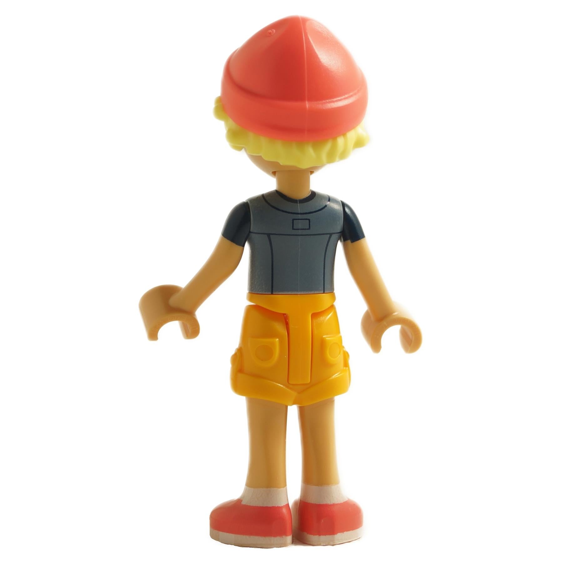 Back view of LEGO® Friends Olly mini-doll wearing sand blue jacket, orange shorts, red beanie hat, and blond hair
