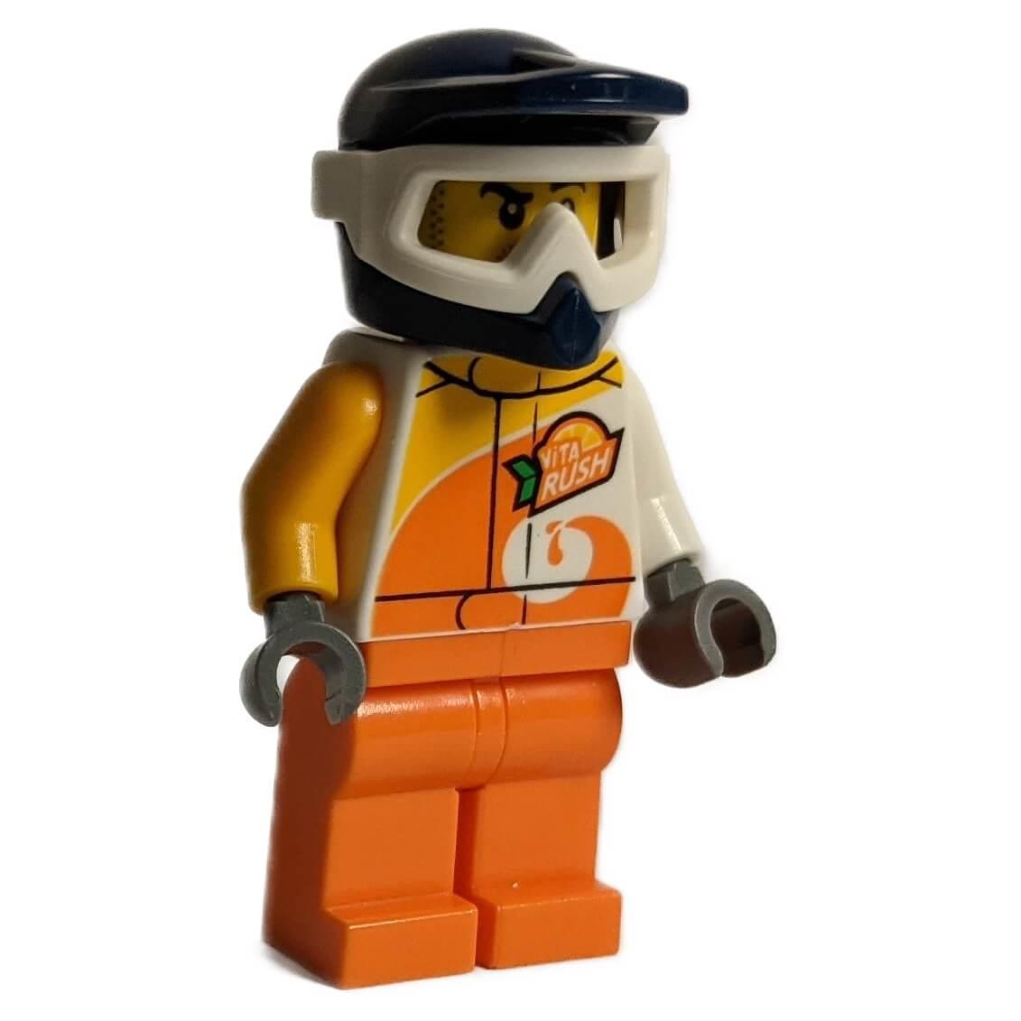 LEGO ATV Driver minifigure, ViTA RUSH uniform, dark blue helmet, front view