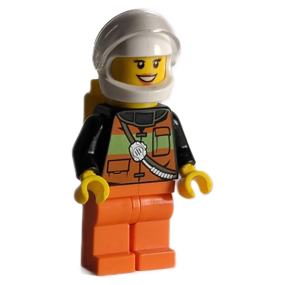 Female firefighter minifigure with white helmet, orange suit and air tank backpack
