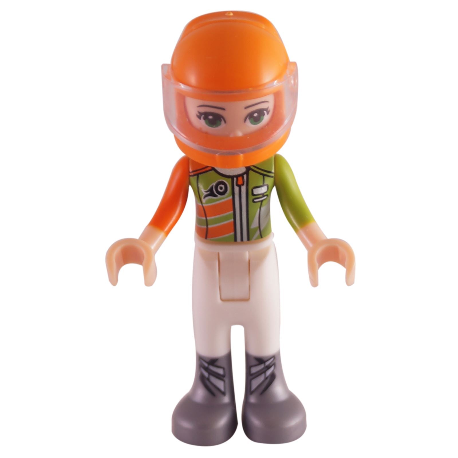 Friends minidoll with orange racing helmet, lime and orange jacket and white trousers
