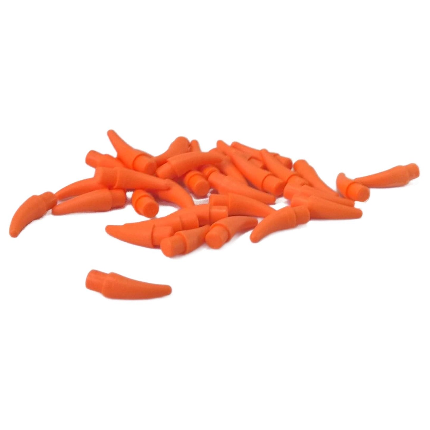 Scattered pile of orange LEGO small horns/claws (53451) pieces.