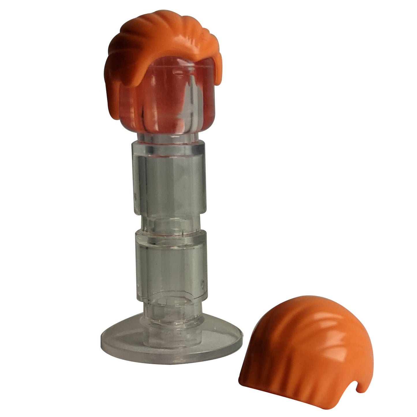 Orange minifigure hair combed from front to rear, smooth swept-back hairstyle with clean molded details
