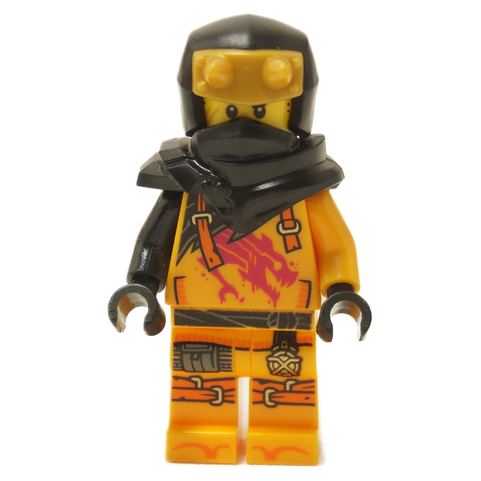 Orange minifigure with magenta dragon torso print, black hood with horns, and black scarf neck piece.
