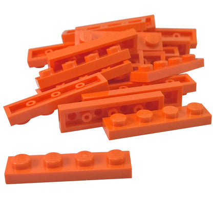 Orange 1x4 plate building piece with four studs for detailed minifigure scale builds
