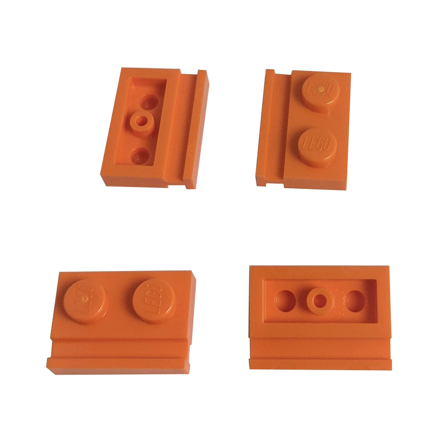 Orange modified Plate 1 x 2 with door rail for sliding doors, track guides, and compact wall builds
