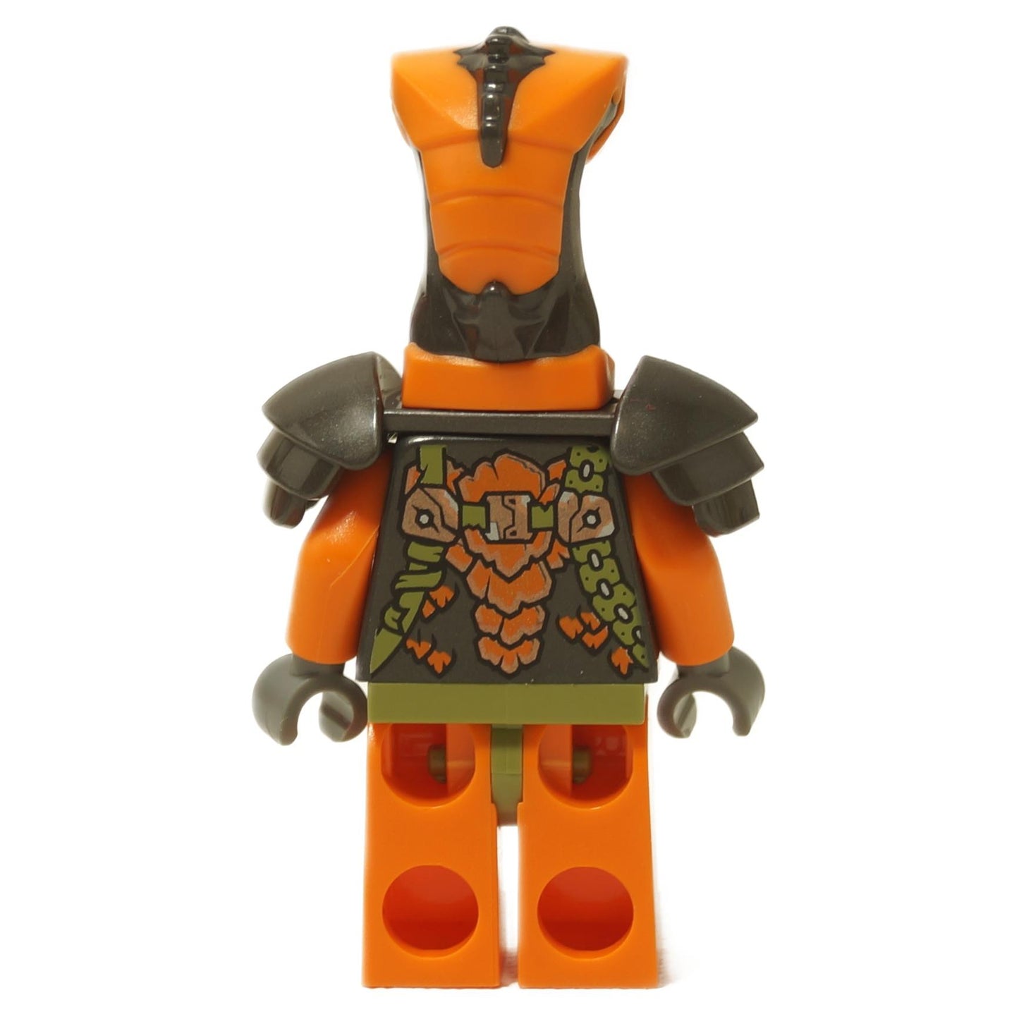 LEGO Boa Destructor minifigura hátulnézet, narancssárga kígyófejjel.