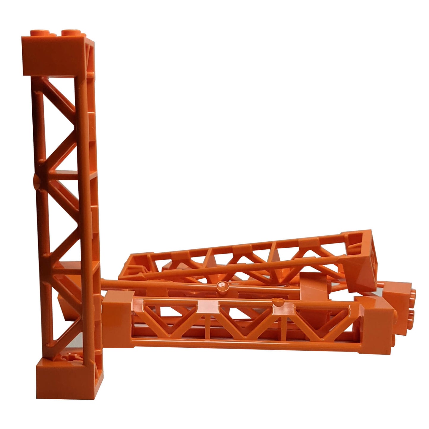 Orange triangular vertical girder support 2x2x10, lattice frame element for structural builds and scaffolding.
