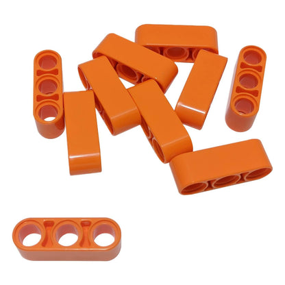 Pile of orange LEGO Technic 1x3 Thick Liftarm pieces (32523) loosely grouped.