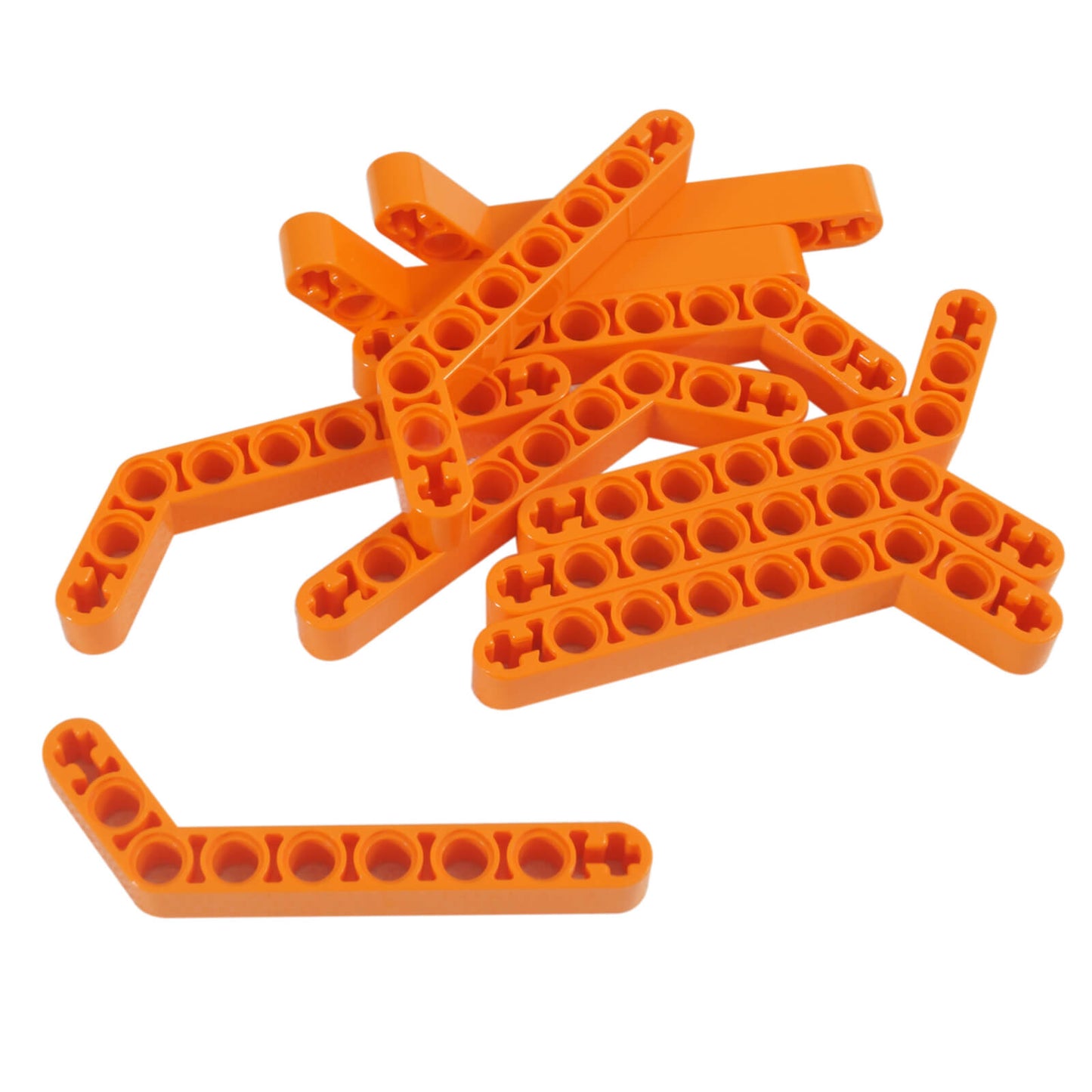 Orange Technic bras de levage modifié coudé épais 1x9 (7-3), poutre angulaire avec trous pour axes pour les constructions Technic.
