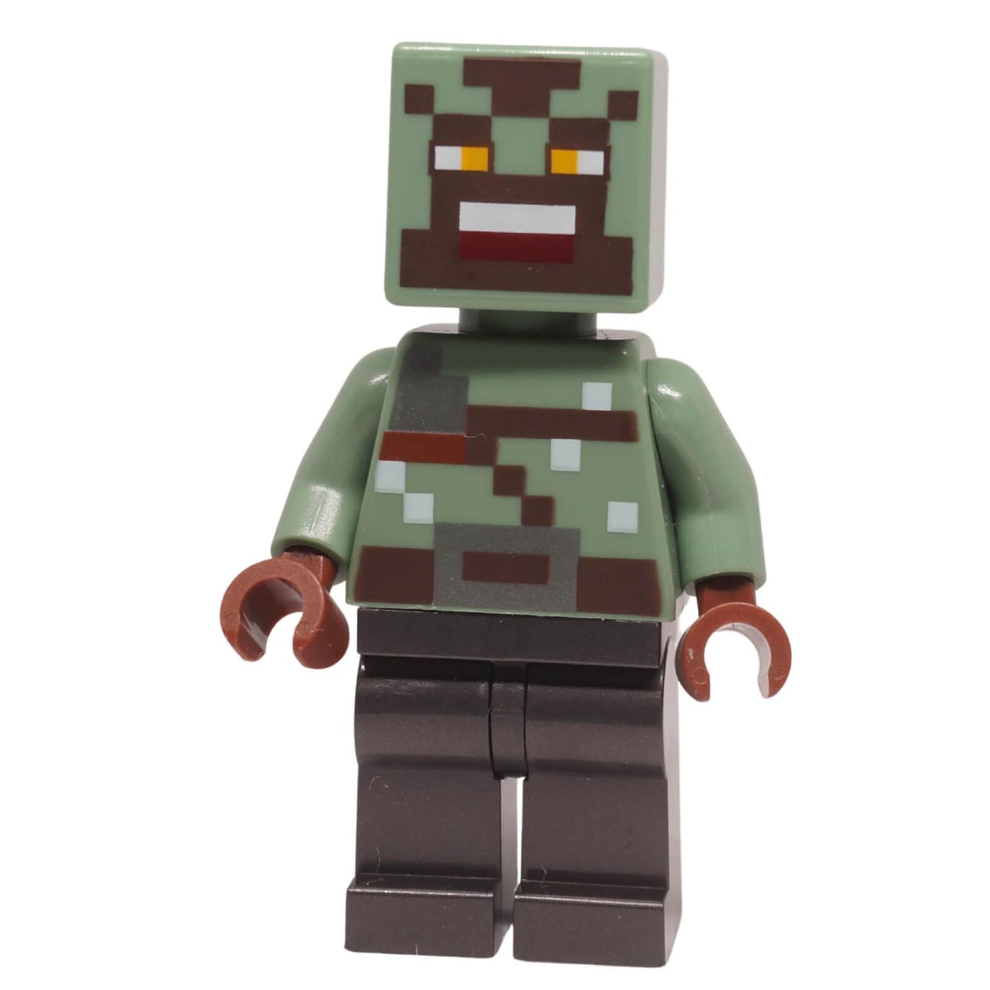 Orc Warrior Minecraft minifigure with green camo-style head and torso print, dark legs, and brown hands
