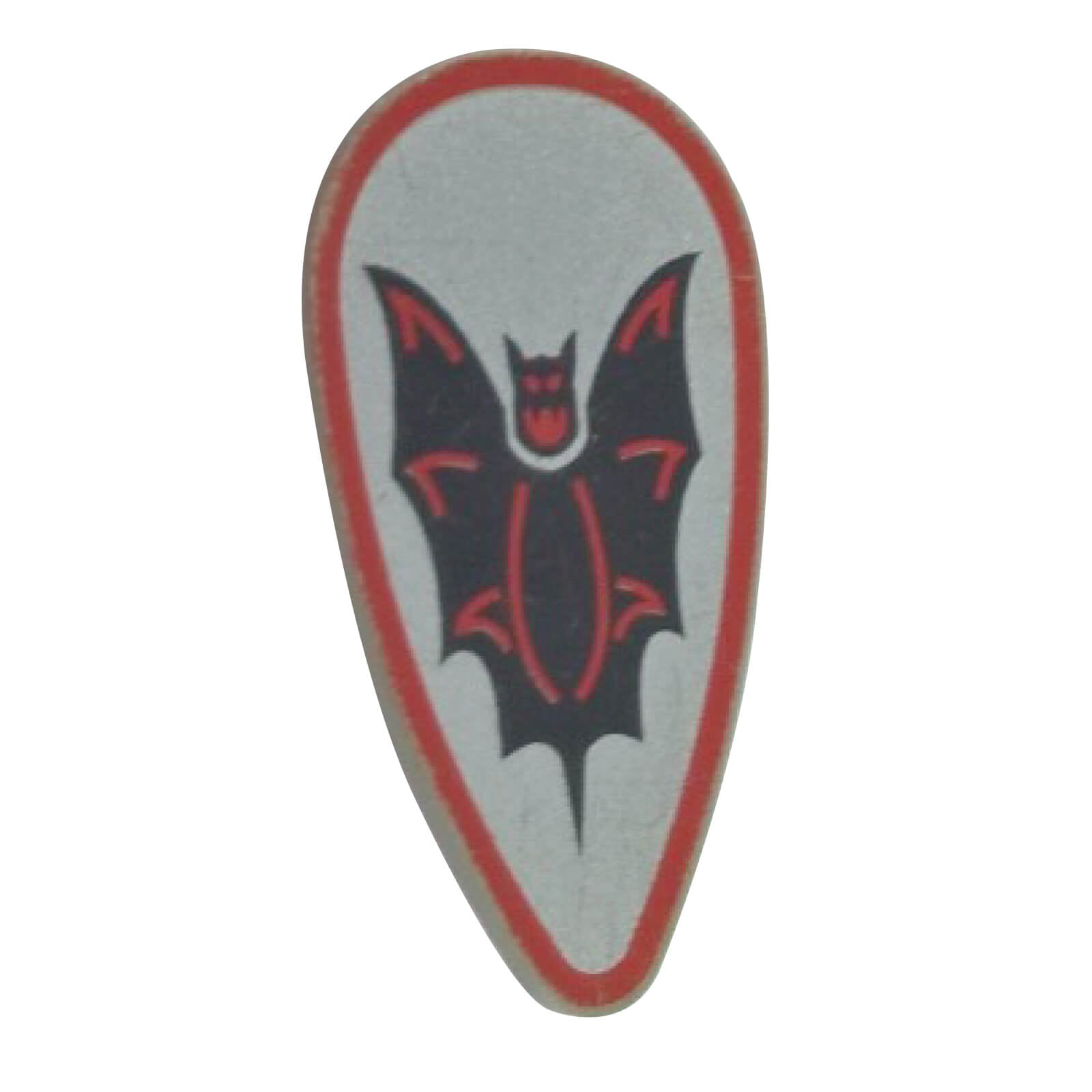 LEGO® ovoid shield with a black and red bat pattern, part 2586p4f.