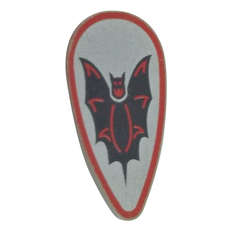 Escudo ovoide LEGO® con un patrón de murciélago negro y rojo, pieza 2586p4f.