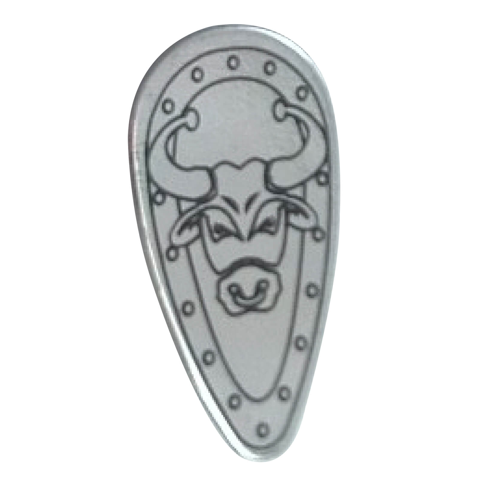 LEGO® ovoid shield with a black outlined bull head on a chrome silver surface, part 2586px5.