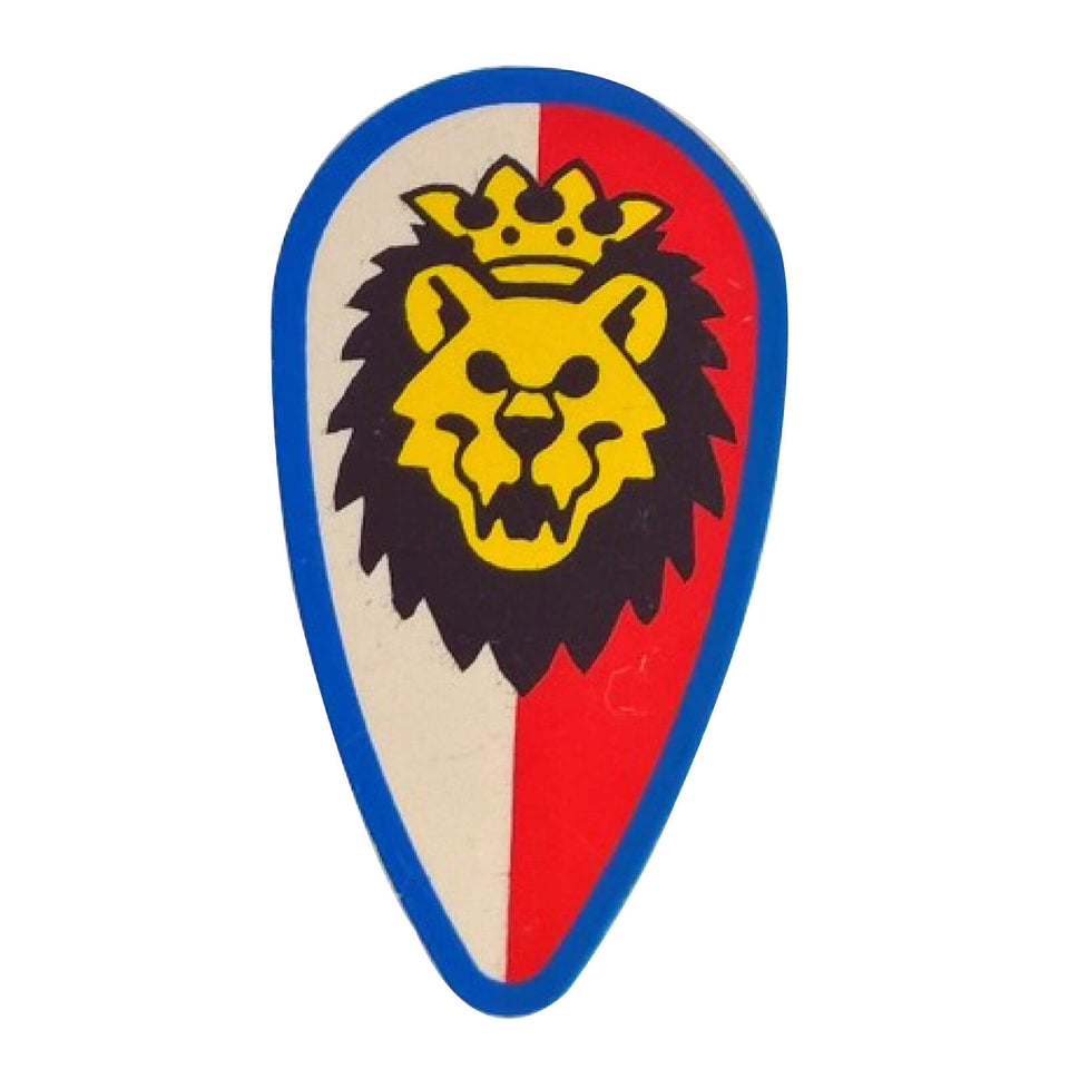 LEGO® ovoid shield with a lion head on a red and white background with a blue border, part 2586p4d.