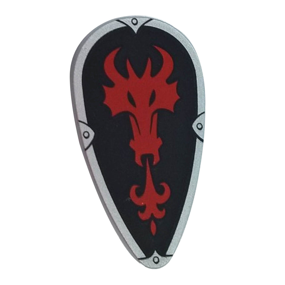 LEGO® ovoid shield with a red fire-breathing dragon head on a black background, part 2586pb007.