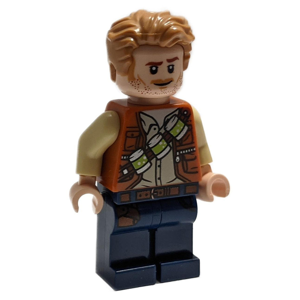 LEGO Jurassic World Owen Grady minifigure shown from the front. He wears an orange vest with a bandolier of lime green canisters and has a confident look.
