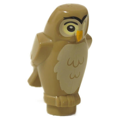 LEGO Sötét Homokszín Bagoly figura 92084pb07 szögletes vonásokkal, nyomtatott mell tollakkal és sárga szemekkel. Elölnézeti kép.