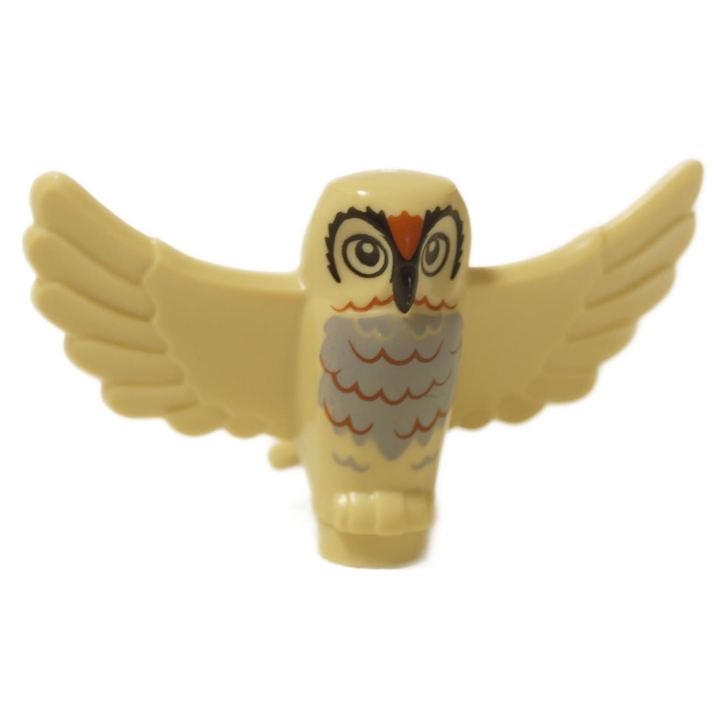 LEGO tan sova figurka 67632pb03 s roztaženými křídly, černýma očima a potiskem světle modrošedých a tmavě oranžových hrudních peří. Pohled zepředu.