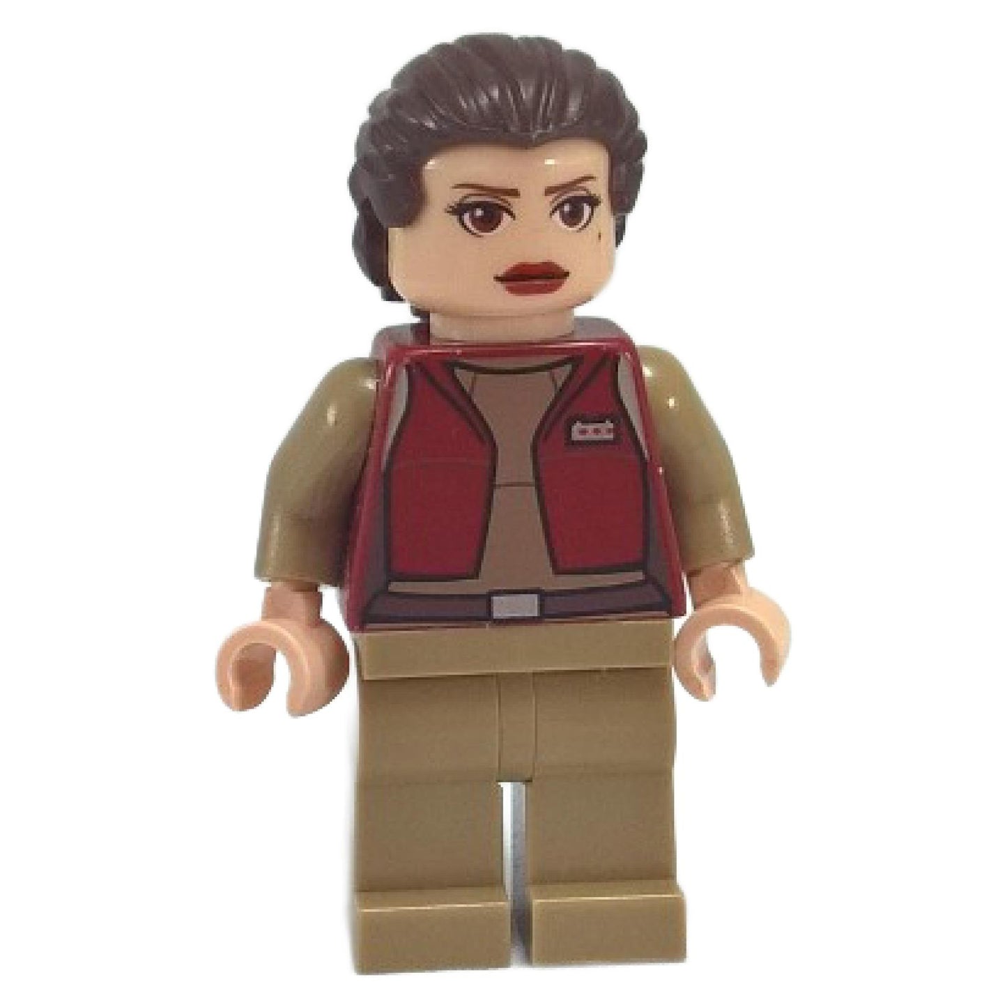 Padmé Amidala senator minifigure front view with large eyes, red lips, red vest, and tan outfit
