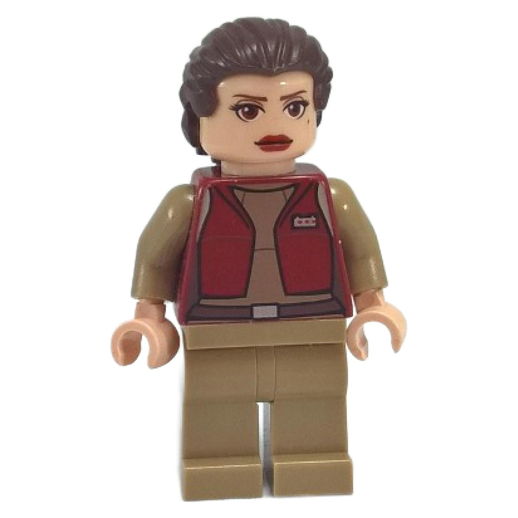 Padmé Amidala senator minifigure front view with large eyes, red lips, red vest, and tan outfit
