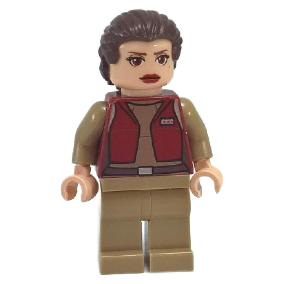 Padmé Amidala senator minifigure front view with large eyes, red lips, red vest, and tan outfit
