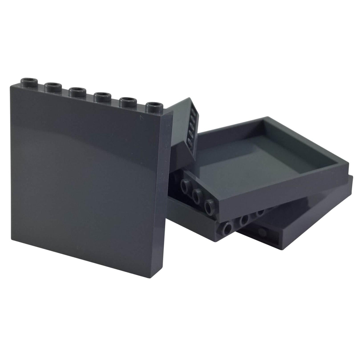 Panel 1 x 6 x 5 (59349) in Dark Bluish Gray, showing the smooth face and recessed reverse with six top studs.