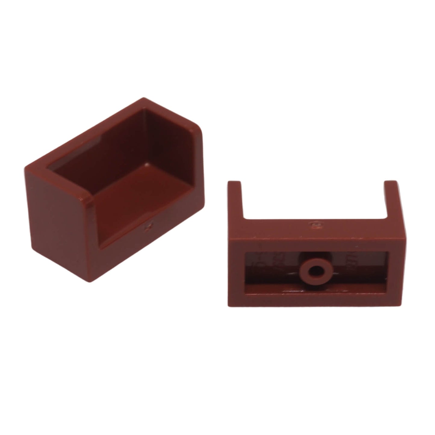 LEGO Panel 1 x 2 x 1 with Rounded Corners part 23969 shown front and underside reddish brown