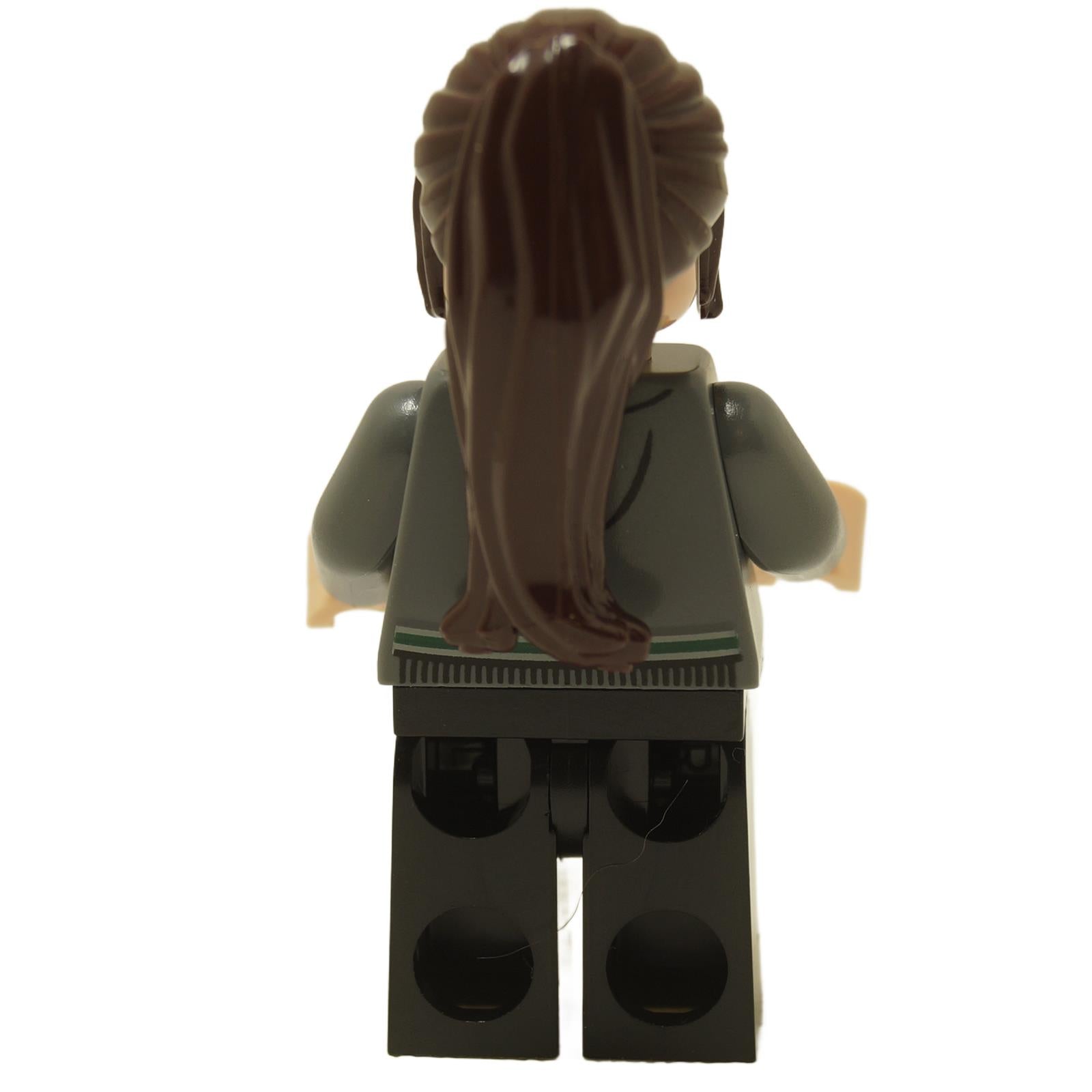 Back view of LEGO Pansy Parkinson minifigure wearing dark bluish gray Slytherin cardigan sweater