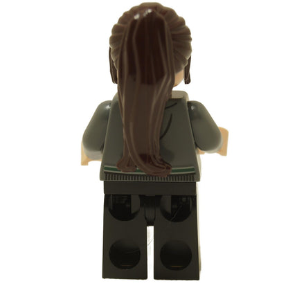 Back view of LEGO Pansy Parkinson minifigure wearing dark bluish gray Slytherin cardigan sweater