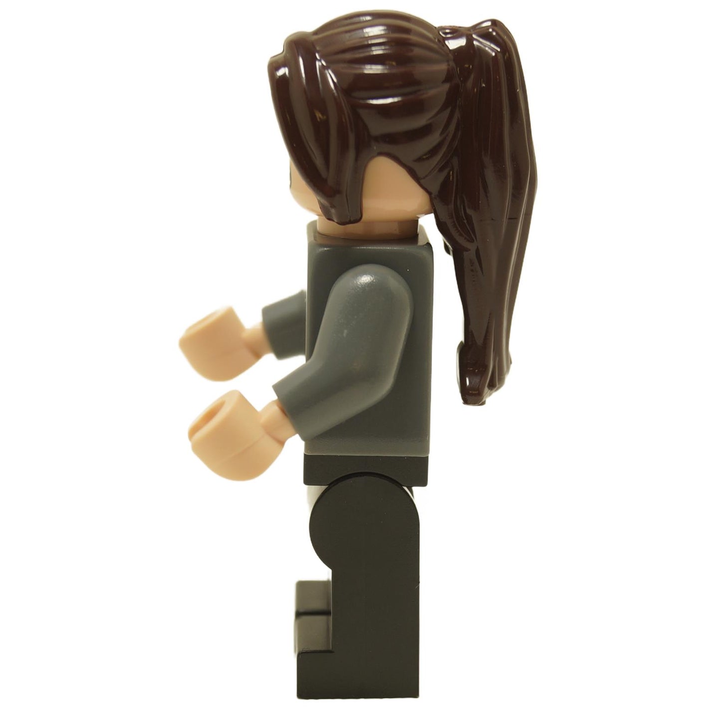 Side view of LEGO Pansy Parkinson minifigure wearing dark bluish gray Slytherin cardigan sweater
