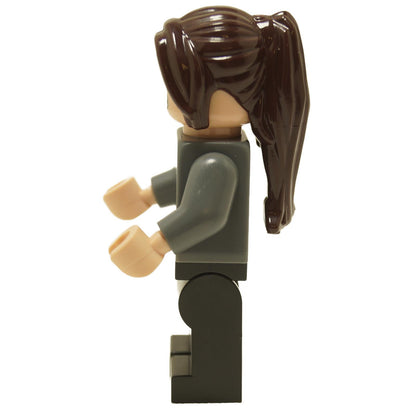 Side view of LEGO Pansy Parkinson minifigure wearing dark bluish gray Slytherin cardigan sweater