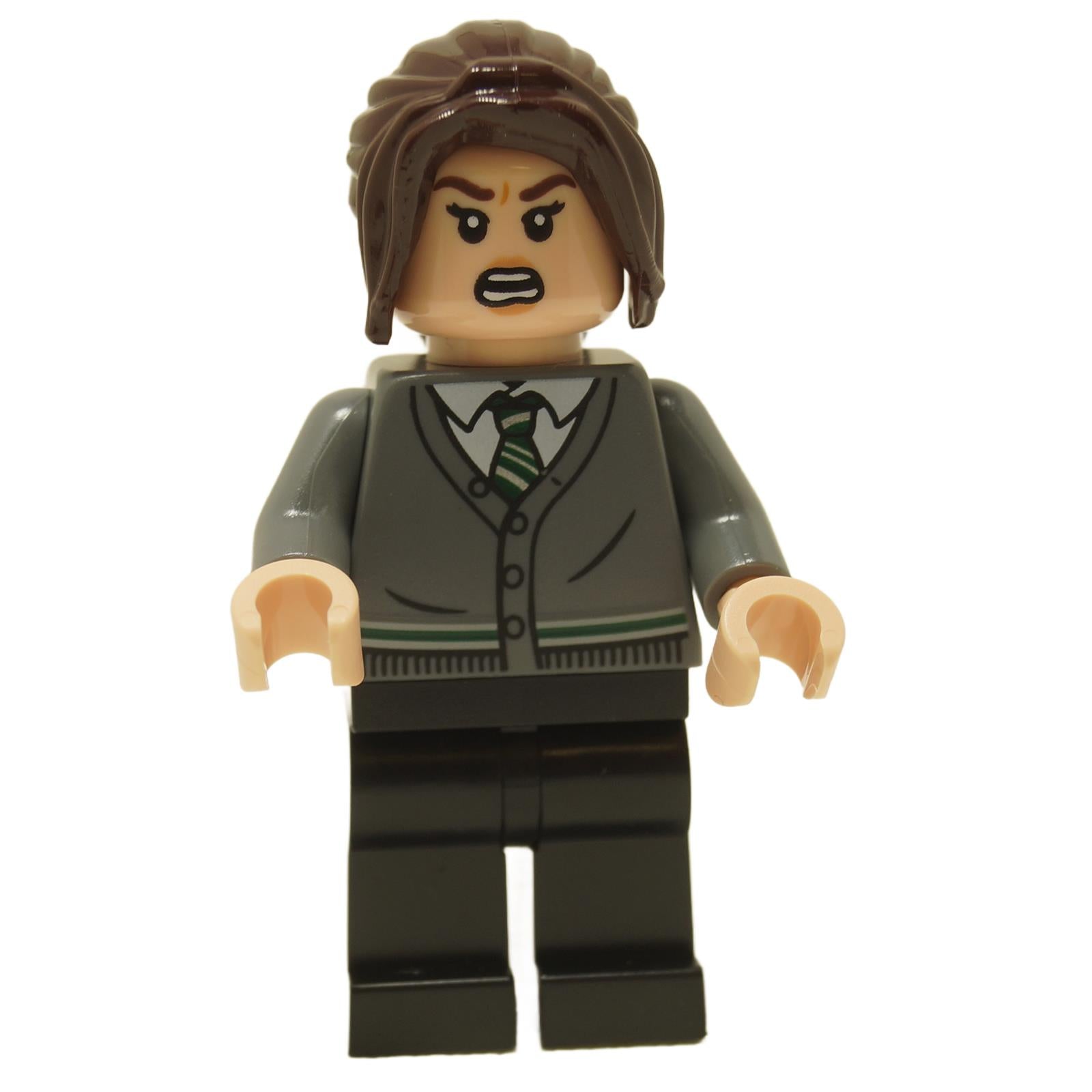 LEGO minifigure of Pansy Parkinson from Harry Potter, wearing a dark bluish gray cardigan sweater with the Slytherin house colors and black legs.