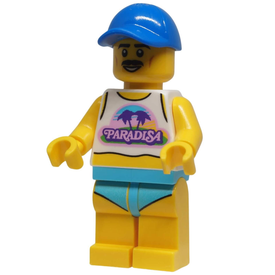 Front view of LEGO® Paradisa Beach Bro minifigure idea235 wearing a Paradisa tank top and blue cap