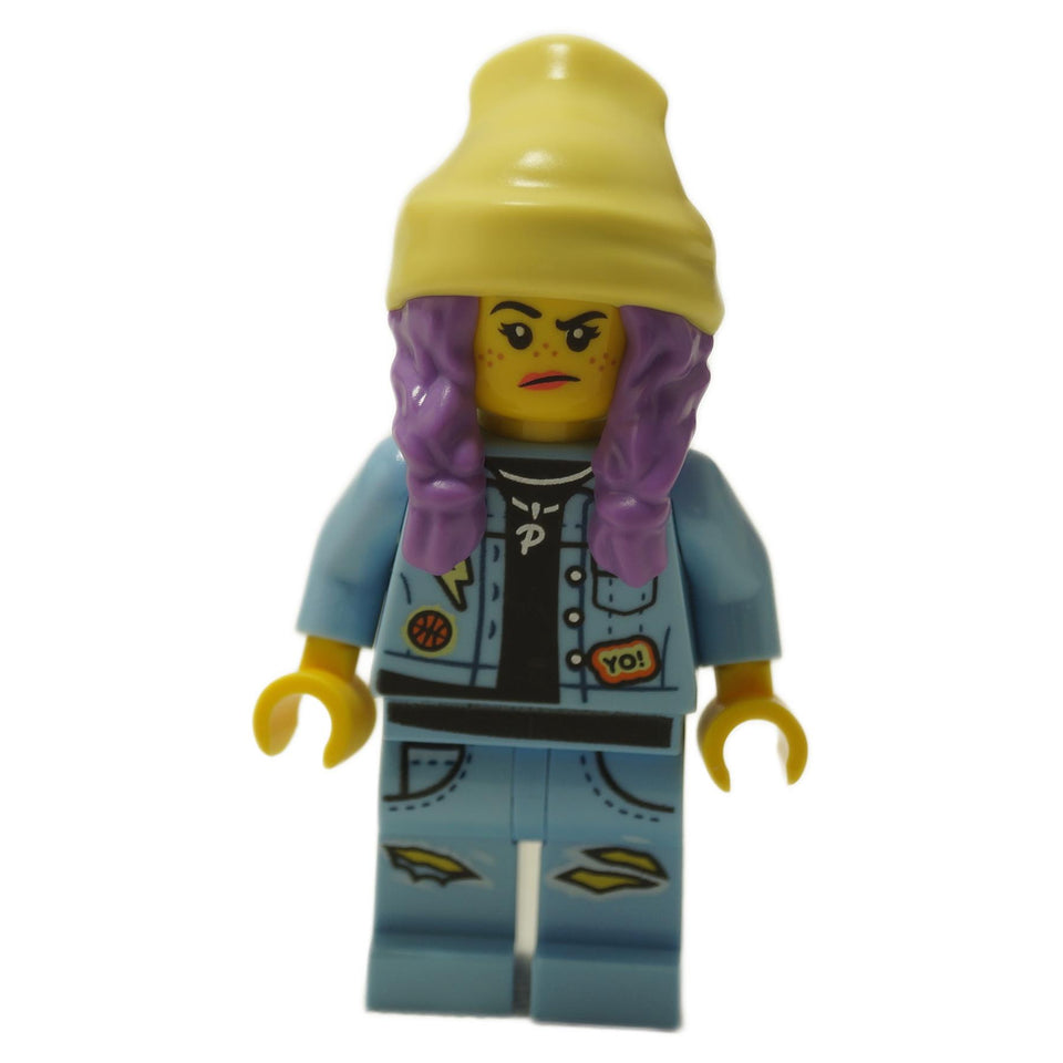 Parker L. Jackson minifigure front view wearing denim jacket and yellow beanie with grumpy facial expression
