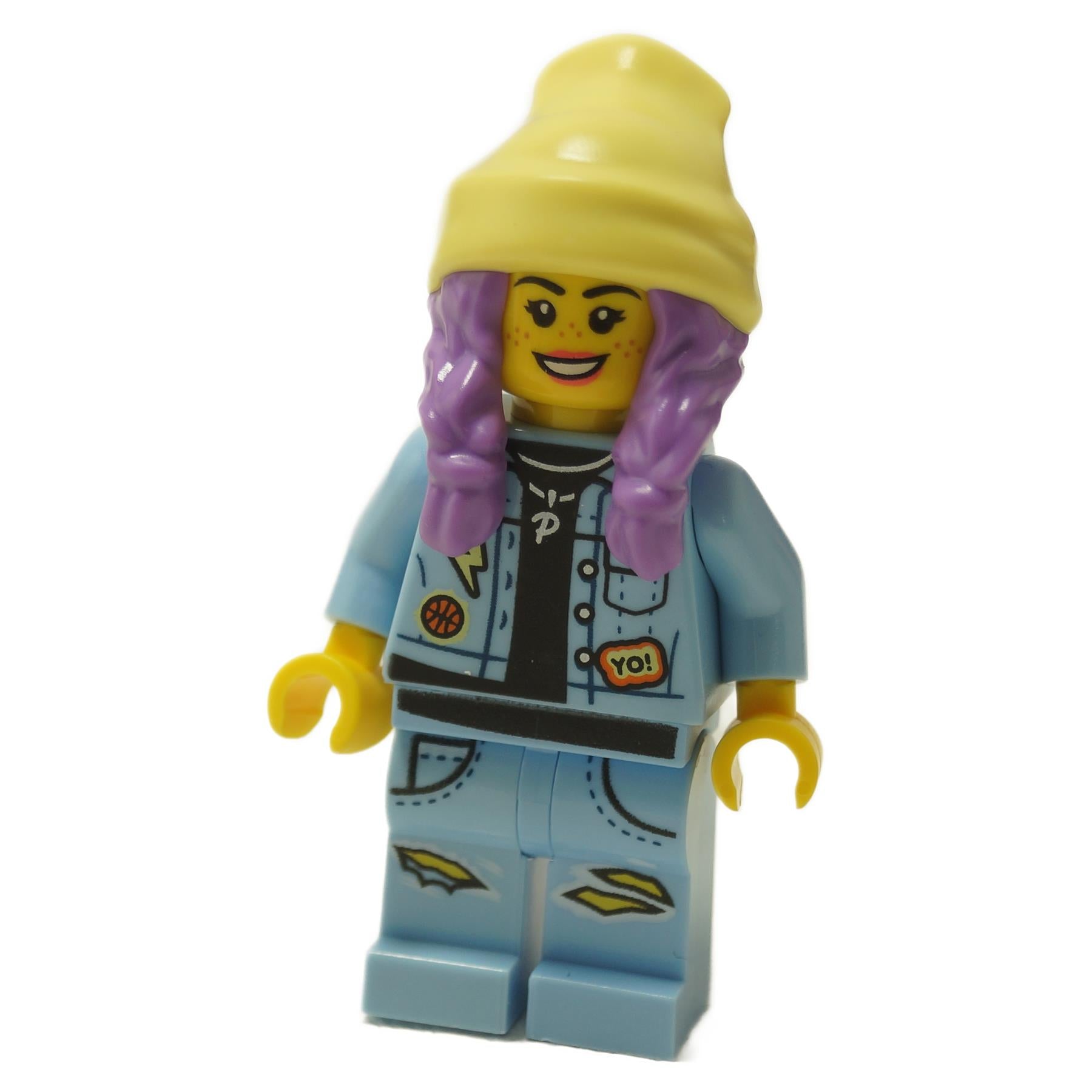 Parker L. Jackson minifigure front view wearing denim jacket and yellow beanie with smiling facial expression
