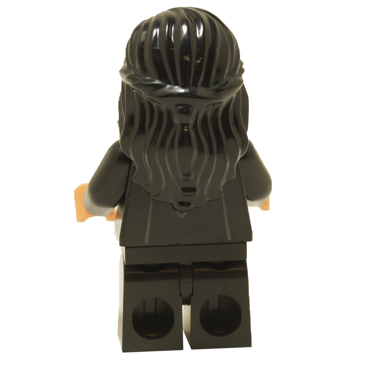 Back view of LEGO Parvati Patil minifigure wearing Gryffindor robe clasped with long dark hair