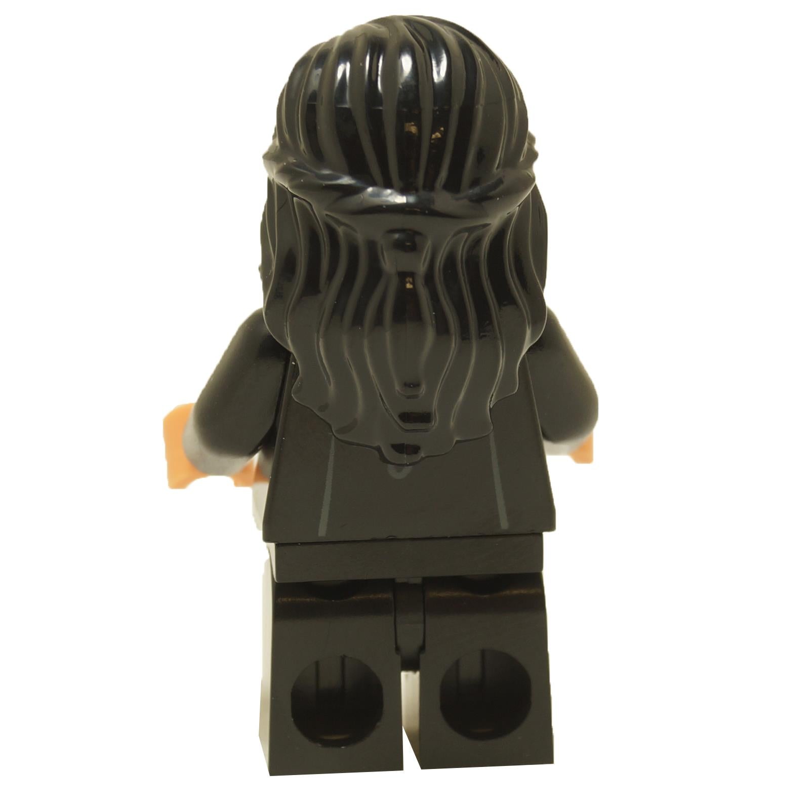 Back view of LEGO Parvati Patil minifigure wearing Gryffindor robe clasped with long dark hair