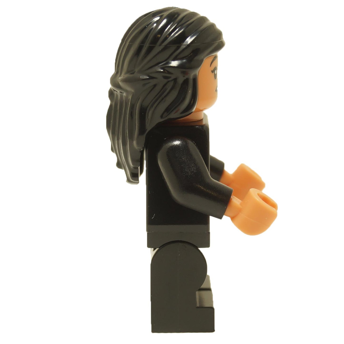 Side view of LEGO Parvati Patil minifigure wearing Gryffindor robe clasped with long dark hair