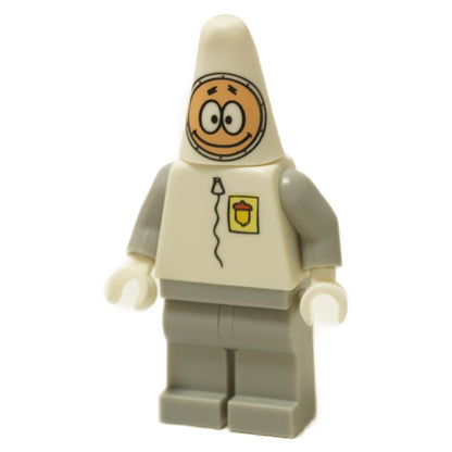 Patrick astronaut minifigure in white space suit with smiling cartoon face and gray legs

