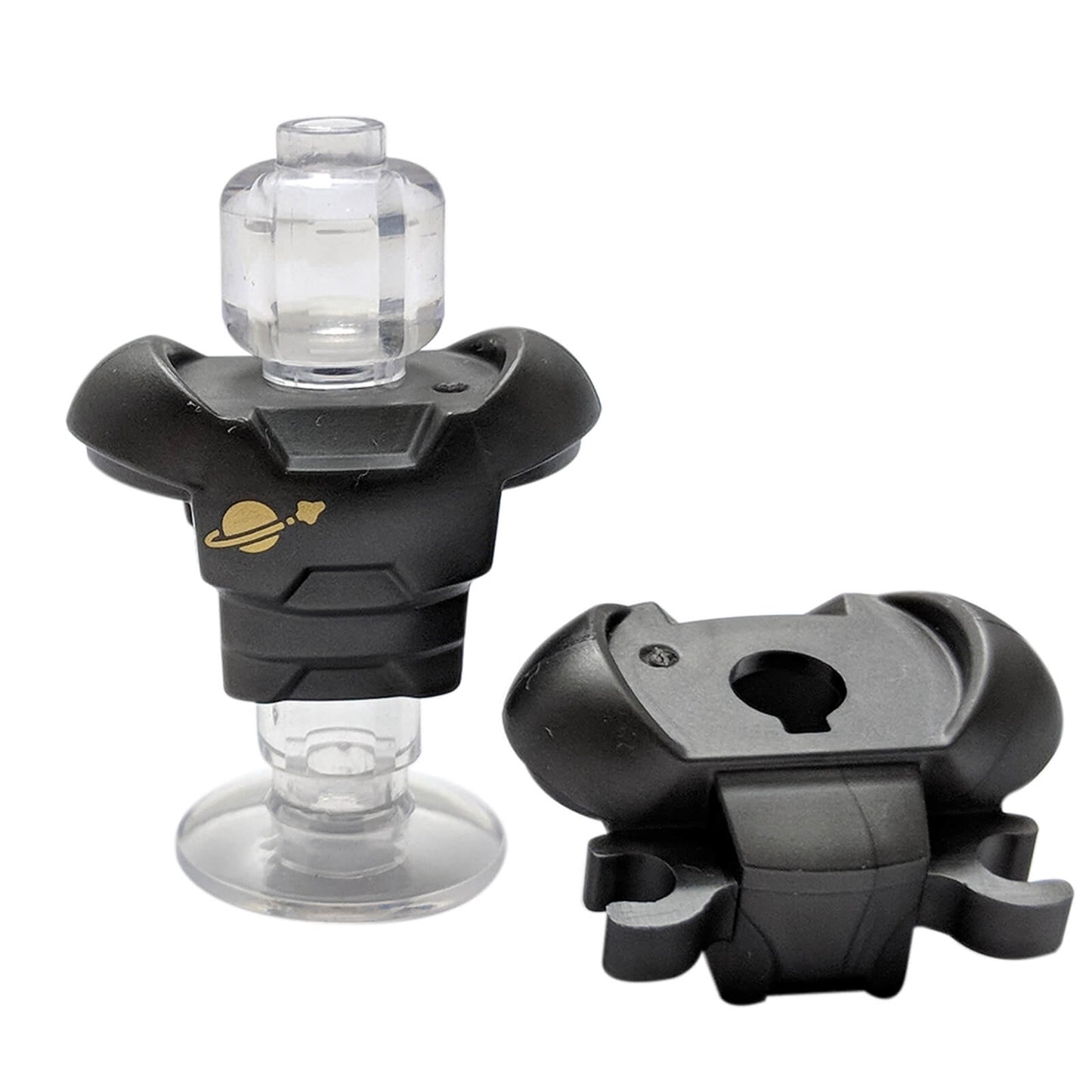 LEGO® pearl dark gray space armour with shoulder protection, two rear clips and a gold Classic Space logo, MPN 18827pb04.