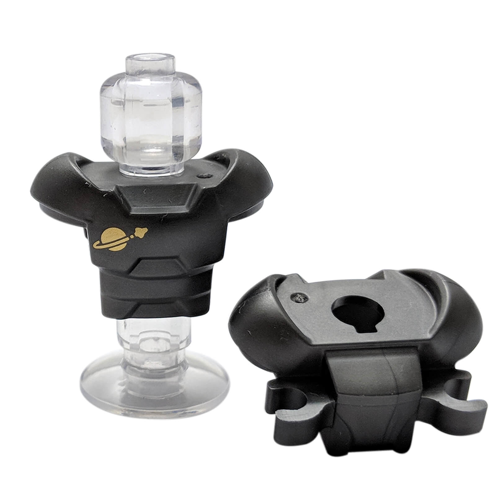 LEGO® pearl dark gray space armour with shoulder protection, two rear clips and a gold Classic Space logo, MPN 18827pb04.
