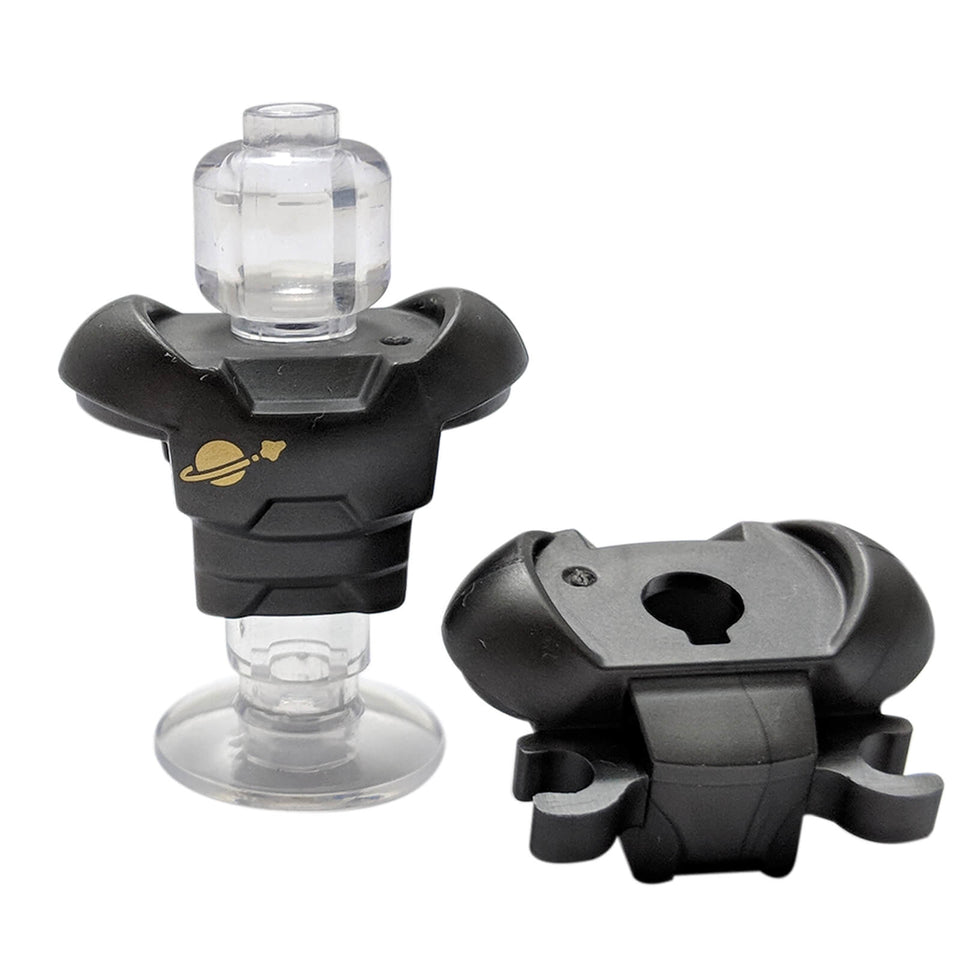 LEGO® pearl dark gray space armour with shoulder protection, two rear clips and a gold Classic Space logo, MPN 18827pb04.