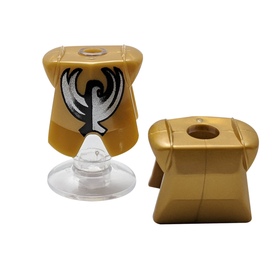 LEGO® pearl gold minifigure breastplate with integrated leg protection and a silver and black hawk pattern, MPN 2587pb14.